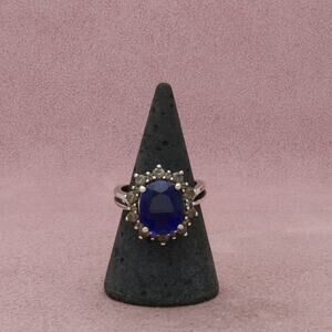 sterling silver blue sapphire with white sapphire halo ring size 7